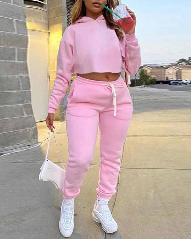 

Plain Fleece Hooded Crop Top & Drawstring Pants Set, Pink