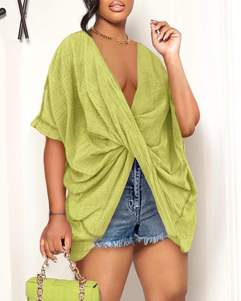 

V-Neck Twist Front Draped Top, Green