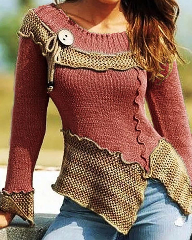 

Colorblock Long Sleeve Hollow Out Sweater Casual Round Neck Daily Sweater, Red