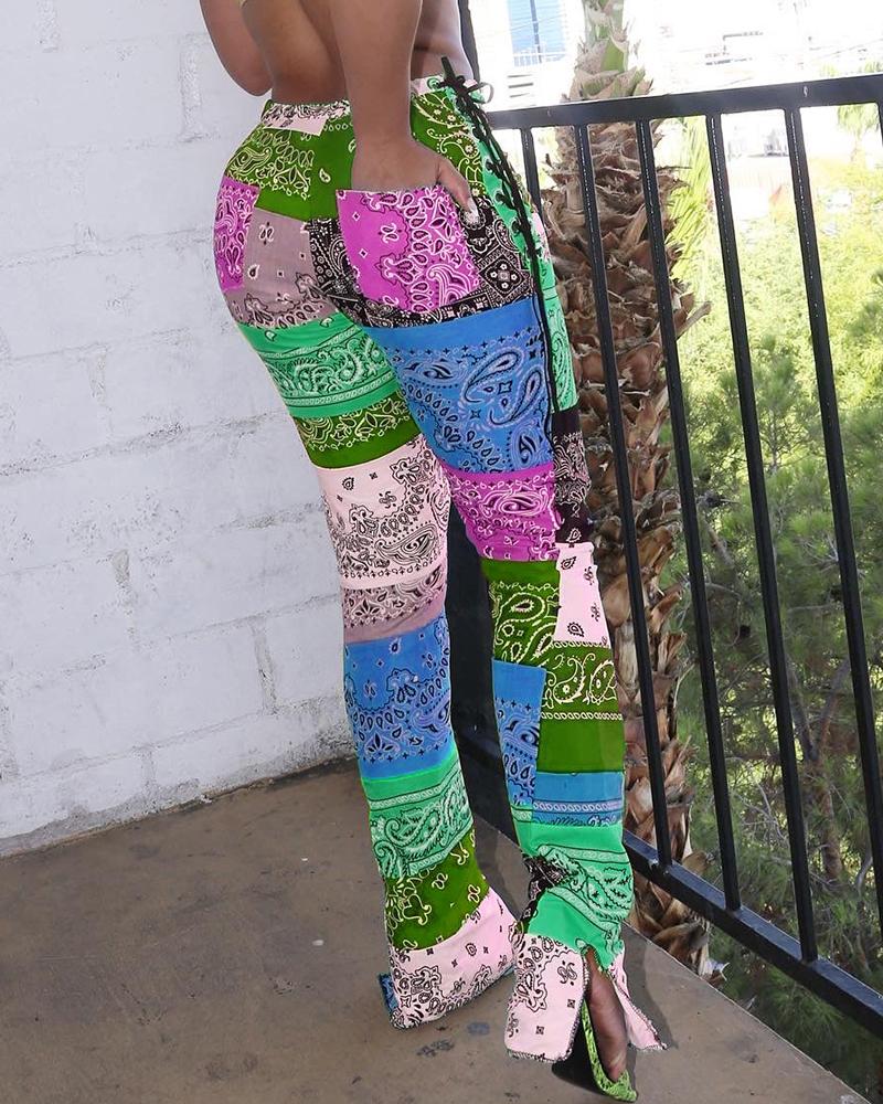 

Paisley Print Slit Eyelet Lace-up Skinny Pants, Hot pink