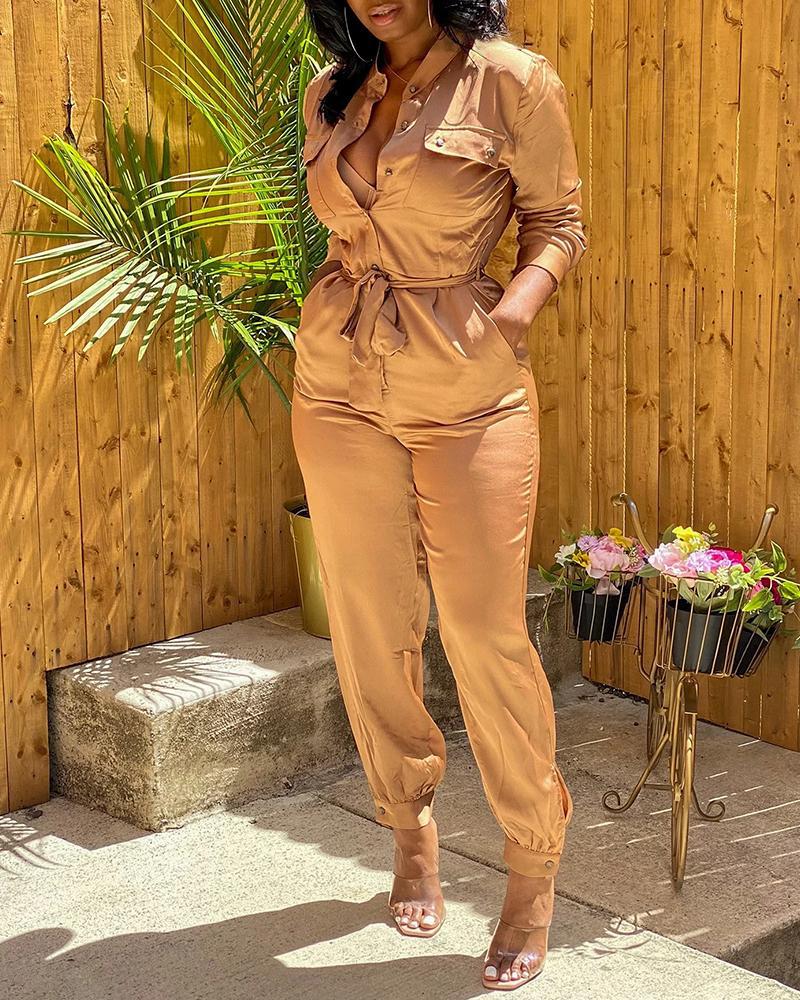 

Buttoned Pockets Design Solid Long Sleeve Jumpsuit, Khaki