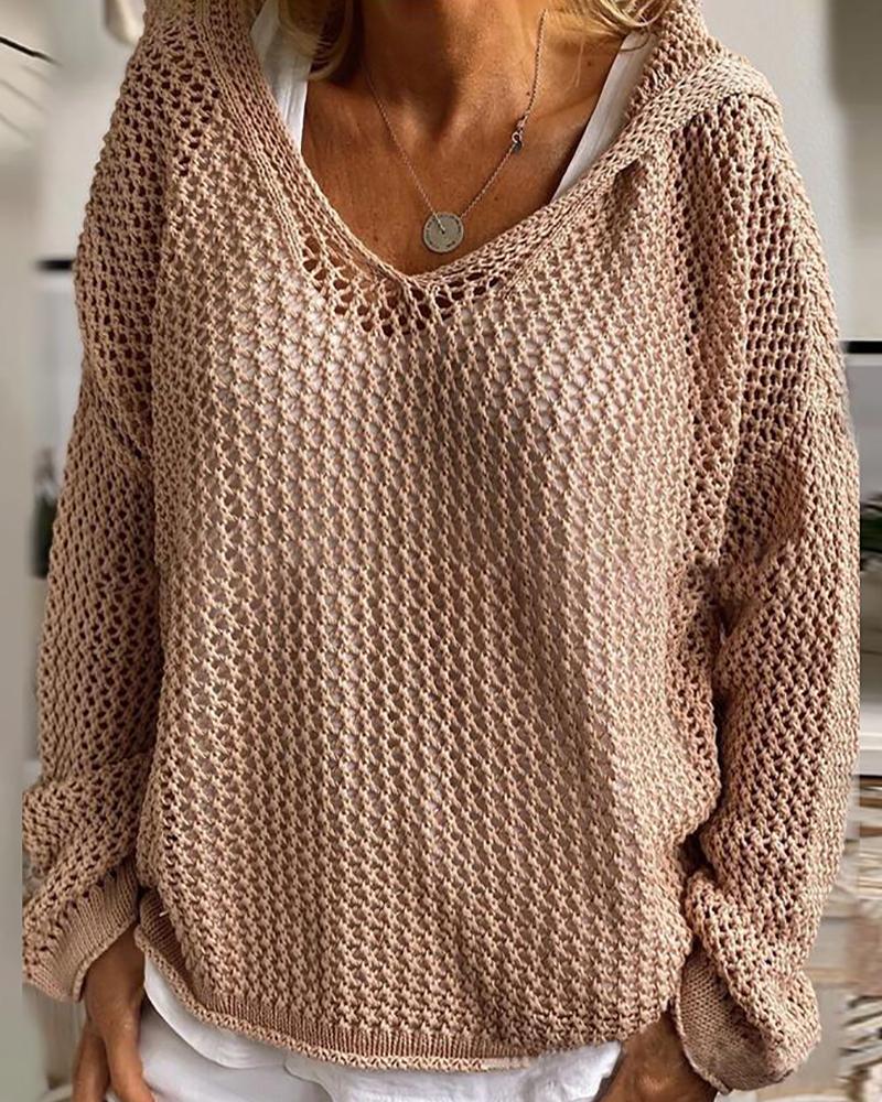 

Knit Hollow Out Long Sleeve Hooded Sweater, Khaki