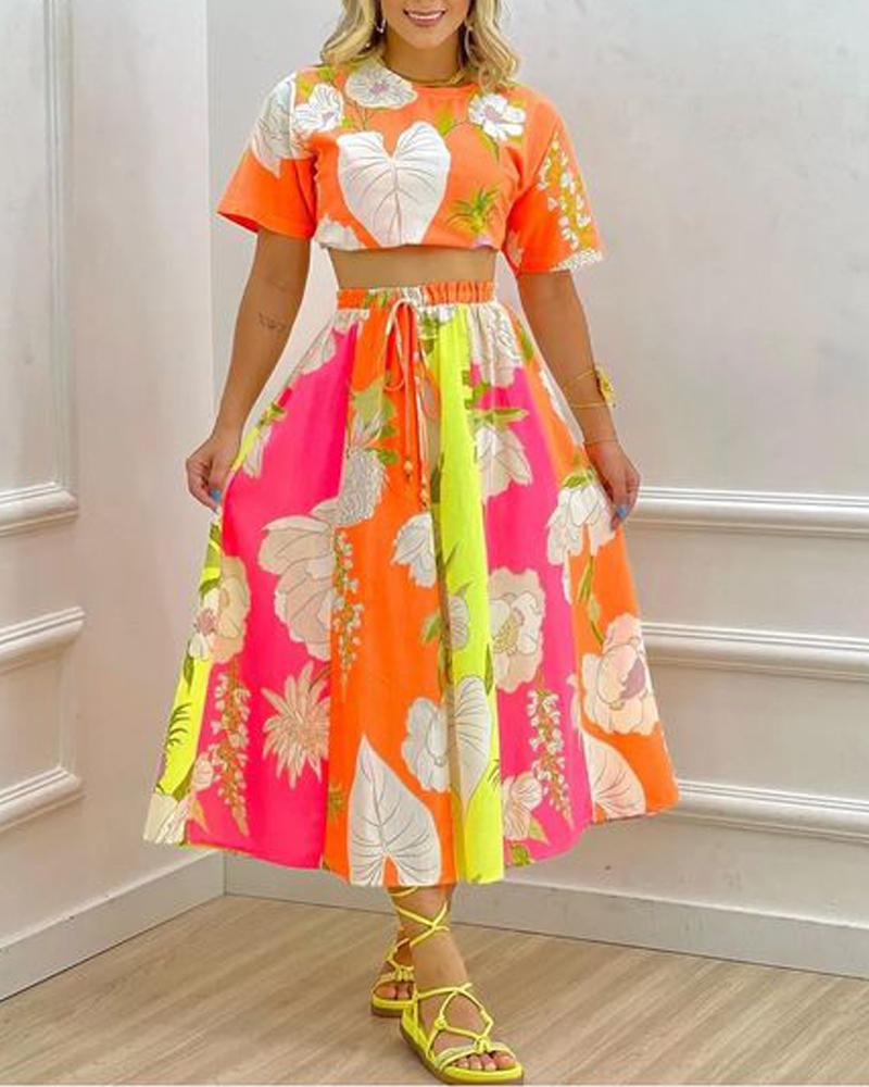 

Floral Print Casual Top & Skirt Set, Multicolor