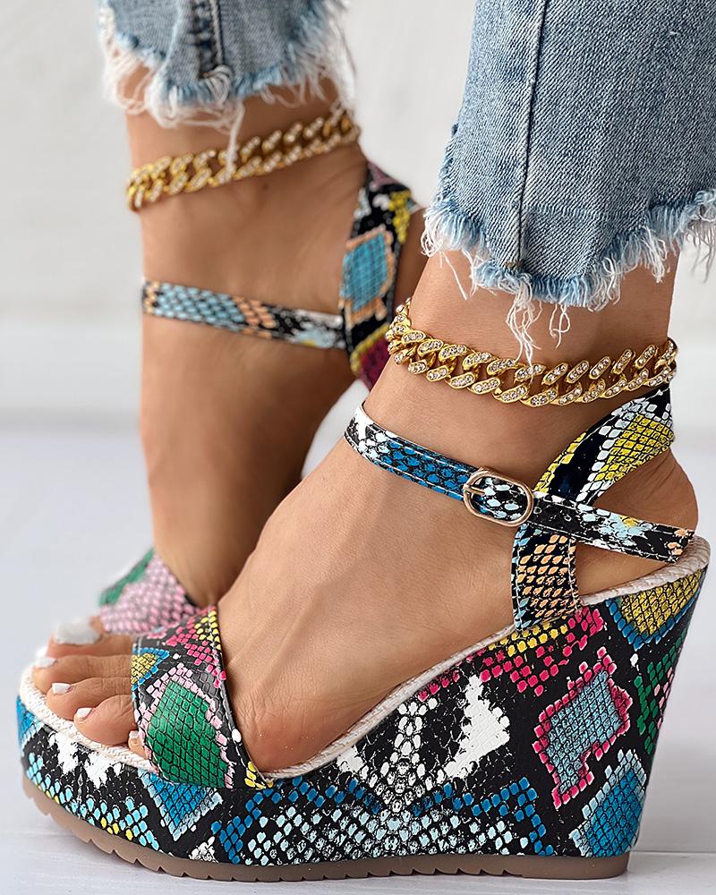 

Snakeskin Ankle Strap Wedge Sandals, Multicolor