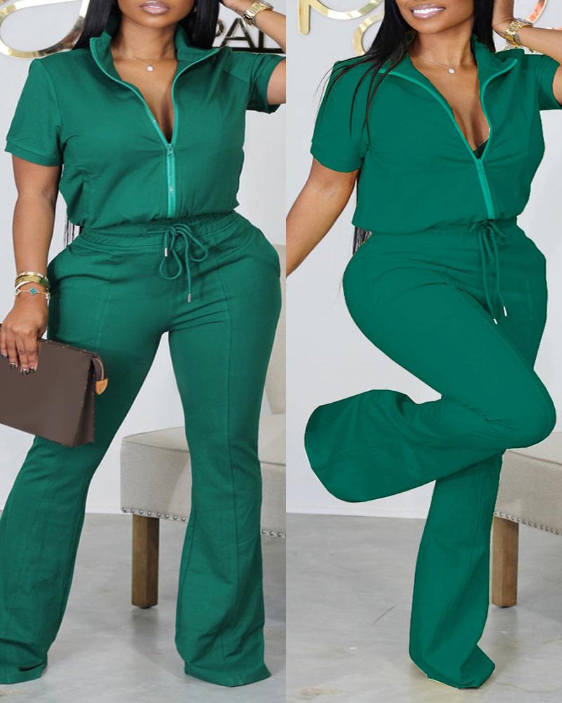 

Plus Size Zip Up Top & Drawstring Pants Set, Green