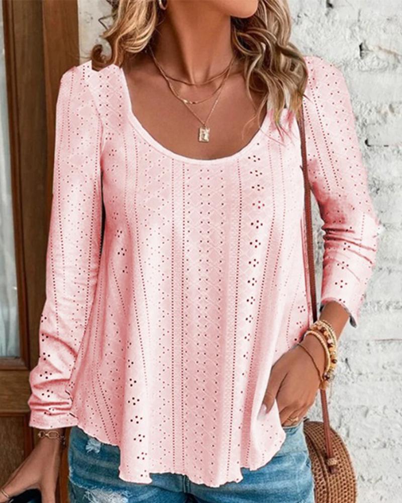 

Scoop Neck Eyelet Embroidery Casual Top, Pink