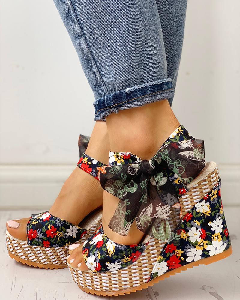 

Floral Bowknot Design Platform Wedge Sandals, Black