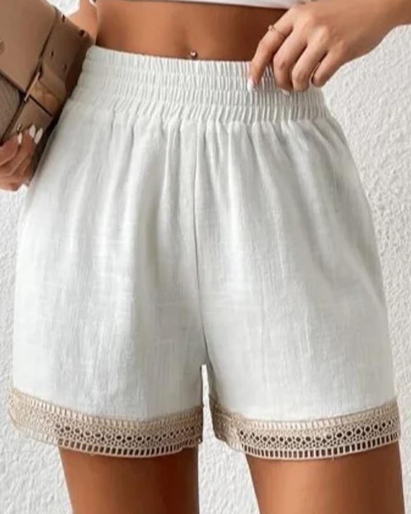 

Lace Patch Ruched High Waist Shorts, White