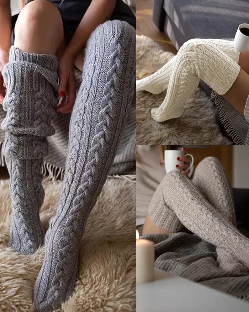 

3Pairs/Set Cable Knit Over Knee Winter Thermal Floor Socks, Style1
