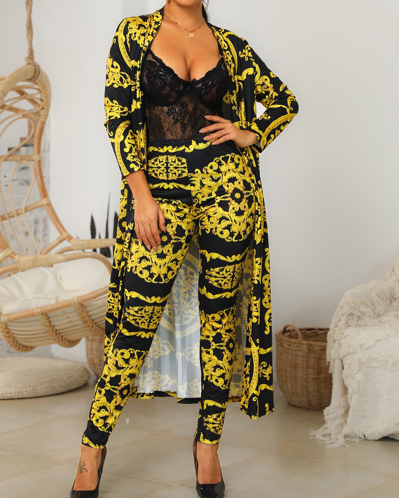 

Open Front Retro Print Cardigan & Pant Sets, Gold
