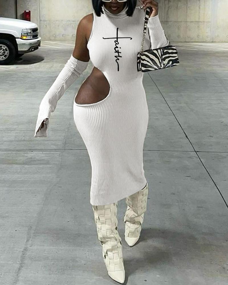 

Letter Print Cutout Long Sleeve Bodycon Dress, White