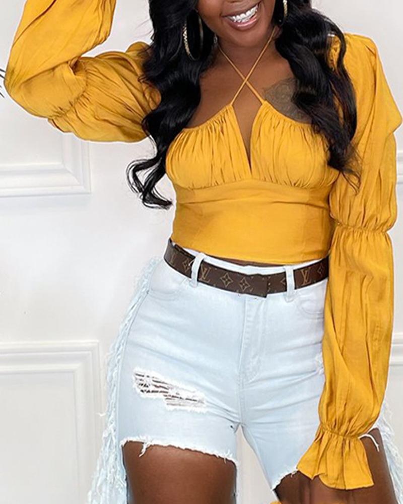 

Asymmetrical Neck Lantern Sleeve Ruched Shirred Top, Yellow