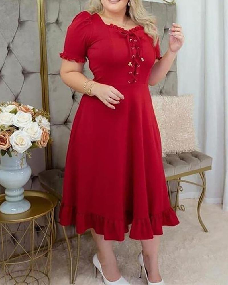 

Plus Size Eyelet Lace-up Bell Sleeve Ruffles Casual Dress, Red