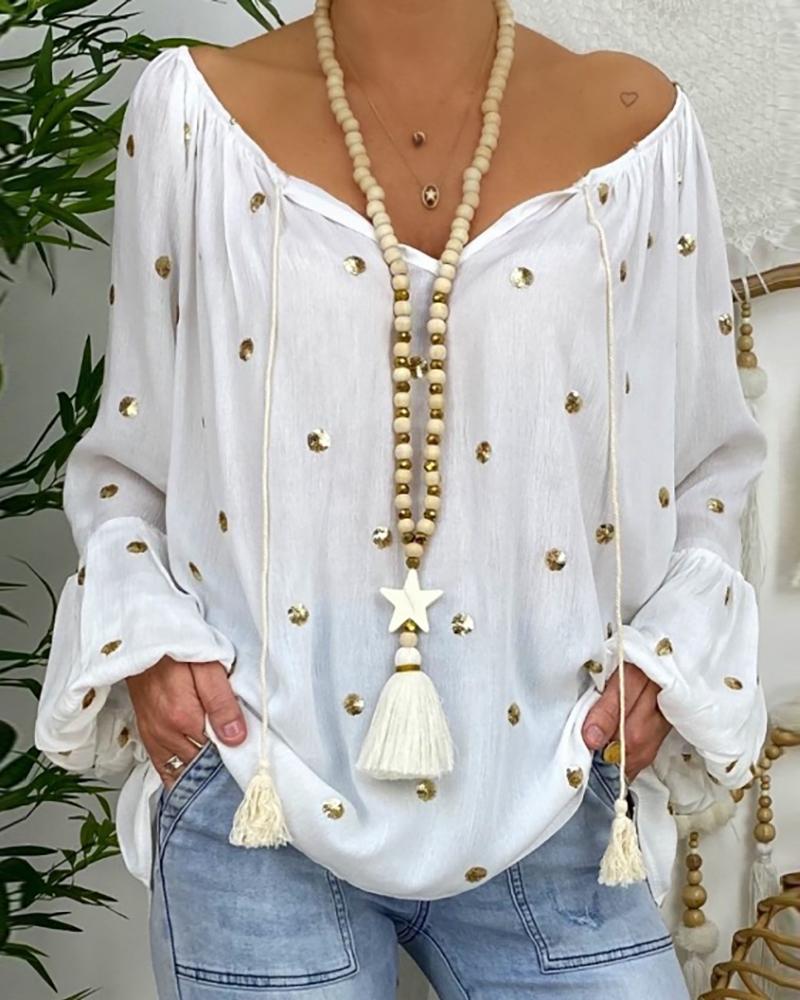 

Polkadot Tassel Design Lantern Sleeve Casual Top, White