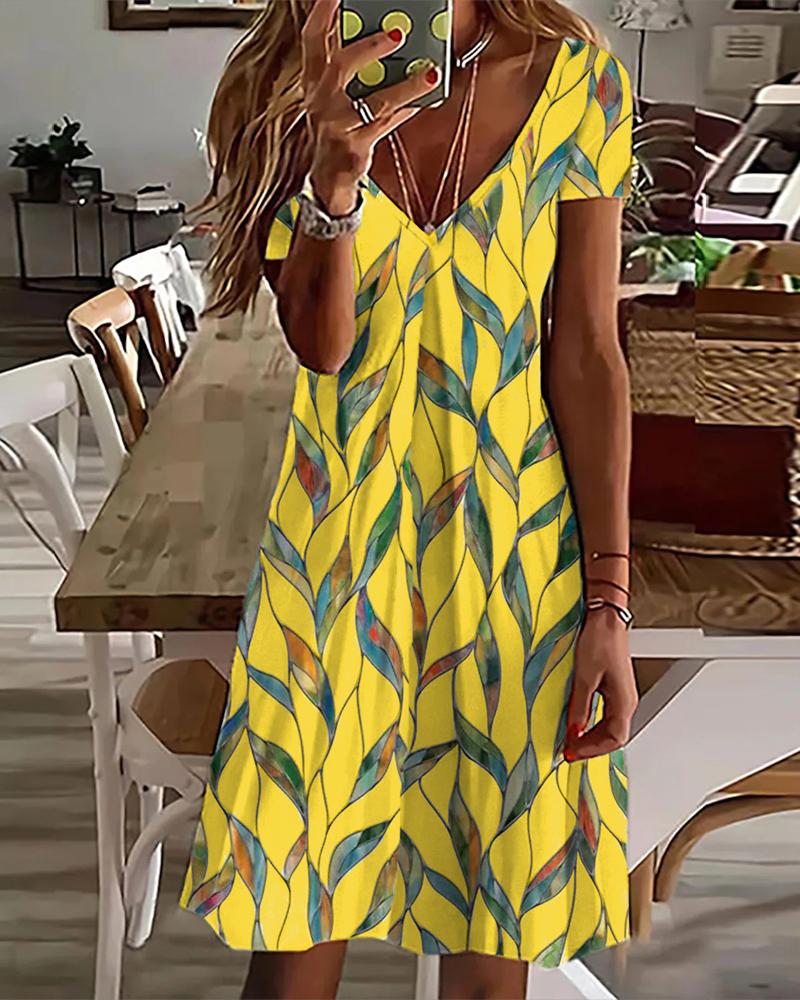 

Plants Print V-Neck Casual Dress, Yellow