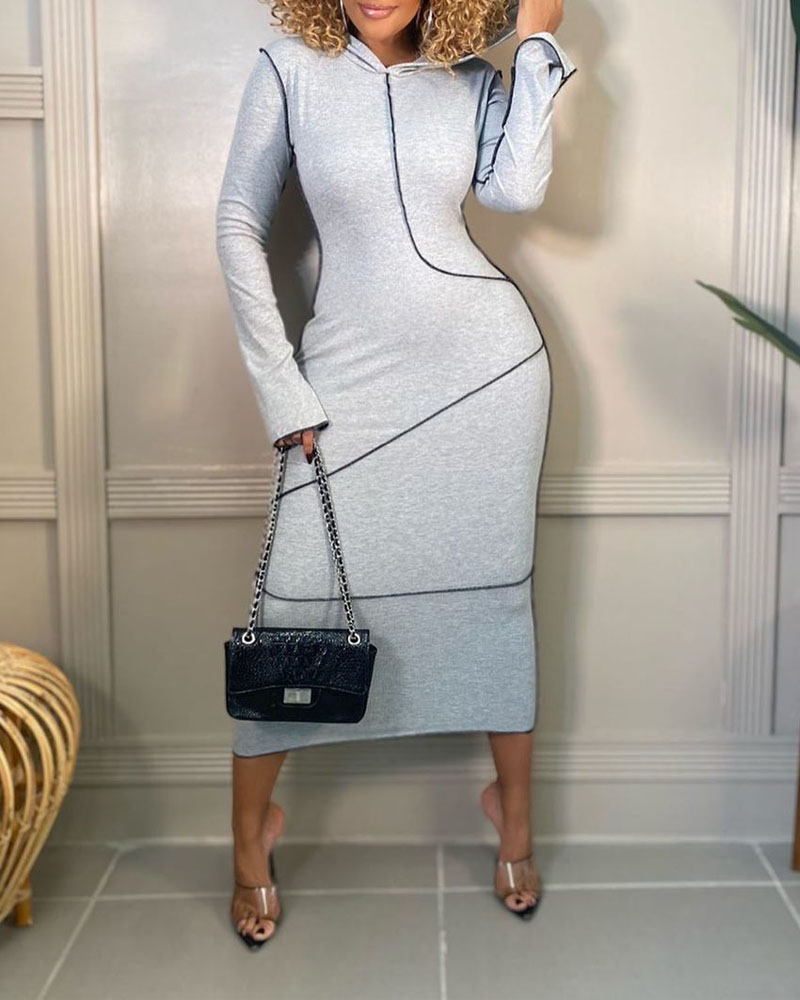 

Plus Size Long Sleeve Contrast Piping Hooded Sweatshirt Dress, Gray