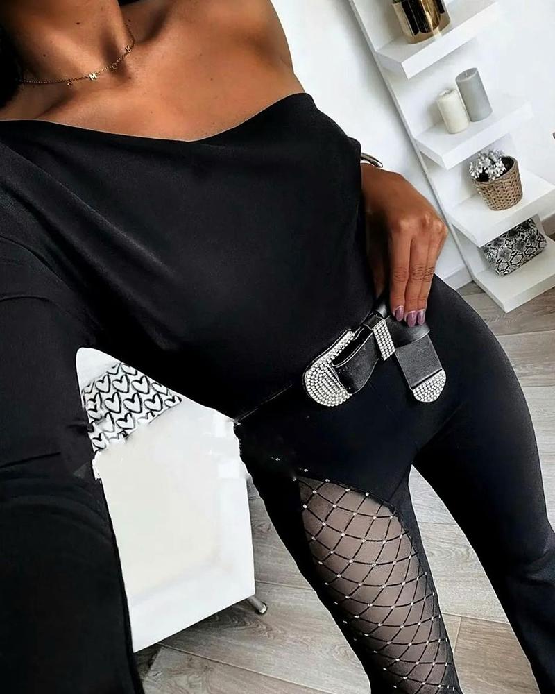 

One Shoulder Contrast Mesh Rhinestone Decor Bootcut Jumpsuit, Black
