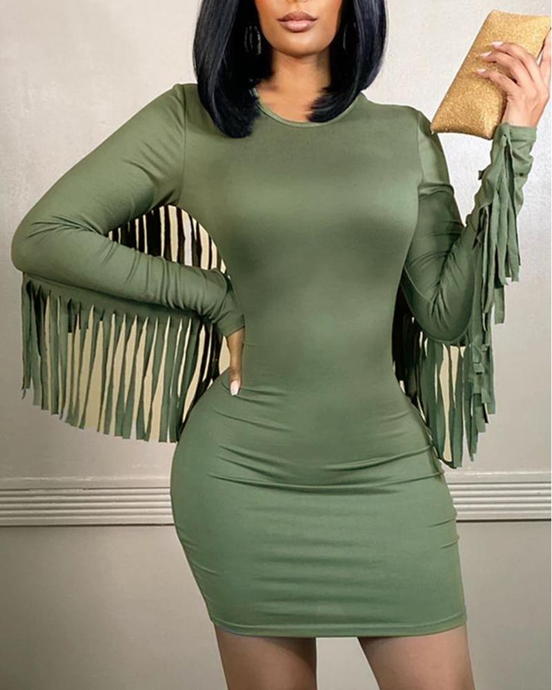 

Tassel Design Long Sleeve Bodycon Dress, Green