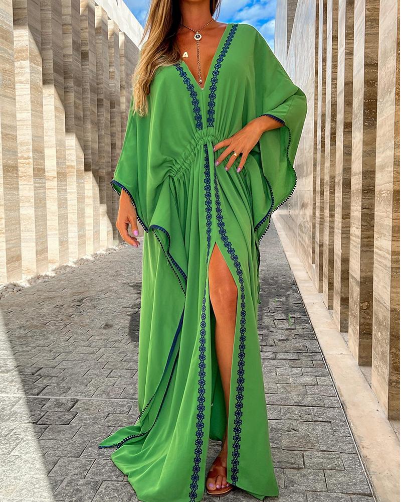 

Contrast Lace High Slit Cover Up Dress, Green