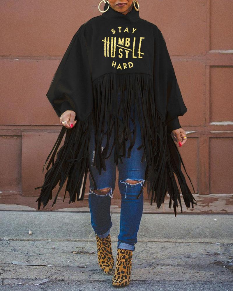 

Letter Print Fringe Trim Lantern Sleeve Top, Black