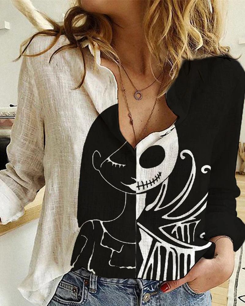 

Halloween Colorblock Skeleton Print Long Sleeve Casual Shirt, Black