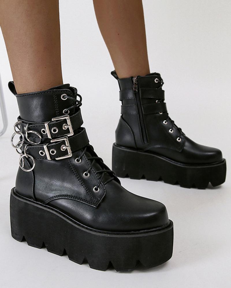 

Womens Buckles Decor Round Toe Wax Finish Lace-Up Platform Booties, Black