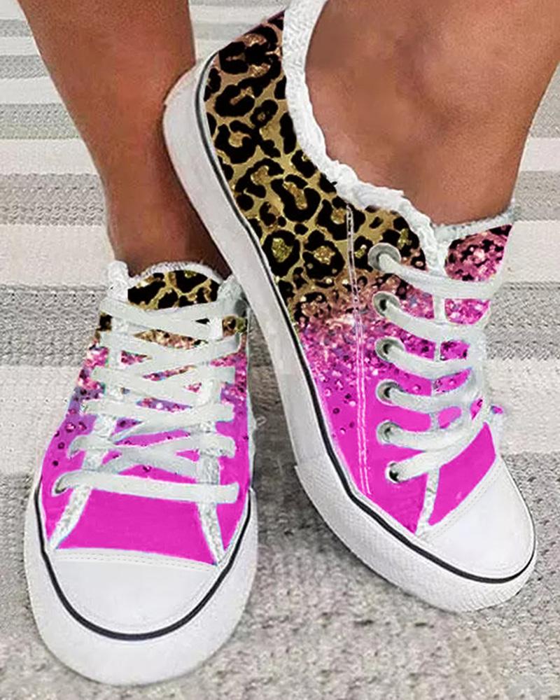 

Contrast Leopard Gradient Fringe Hem Sneakers, Hot pink