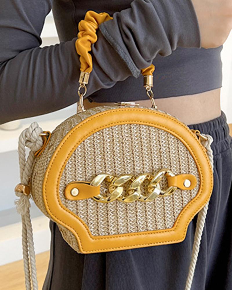 

Trendy Chain Decor Handbag Straw Crossbody Bag, Yellow
