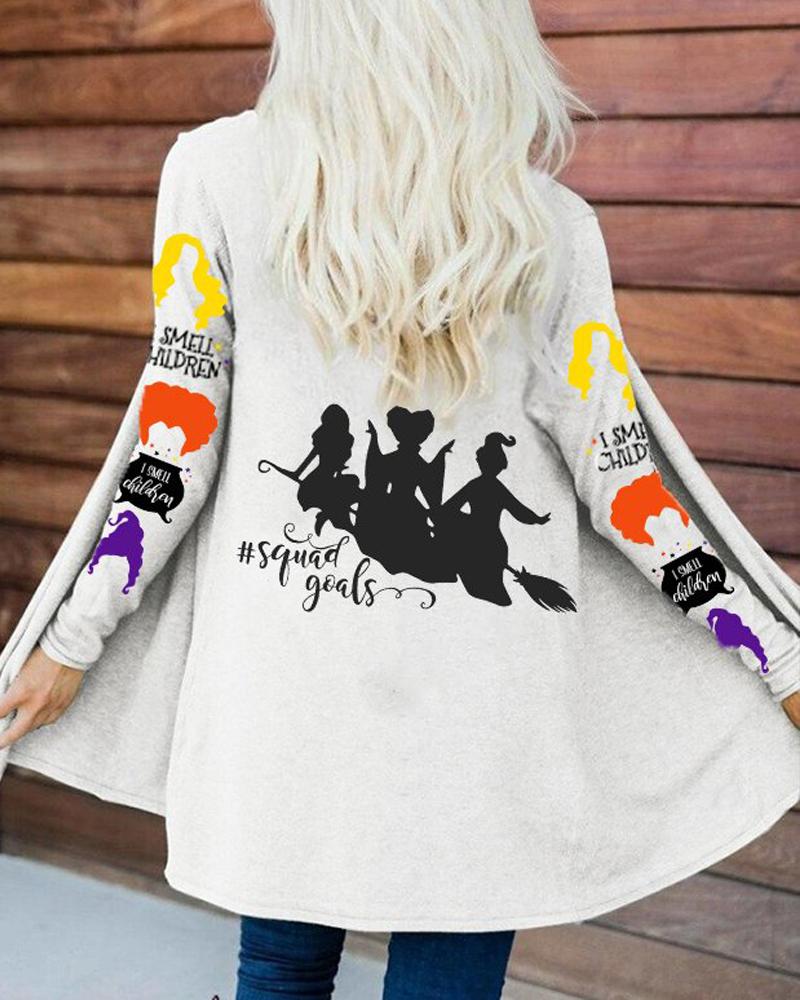 

Halloween Graphic Print Long Sleeve Coat, Gray