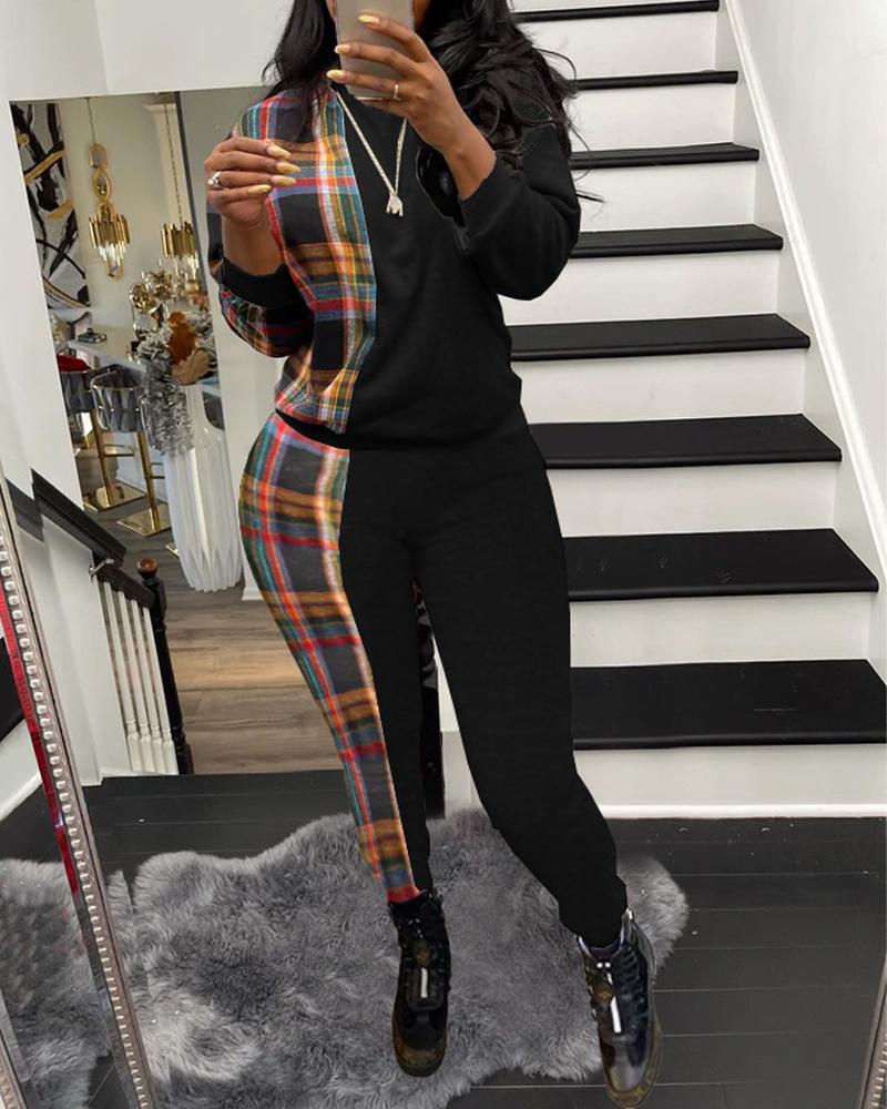 

Contrast Plaid Long Sleeve Casual Top & Pants Set, Black