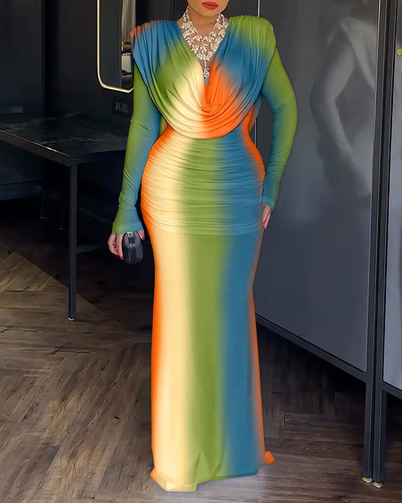 

Tie Dye Print Cowl Neck Long Sleeve Backless Maxi Dress Slim Fit Zipper Back Ruched Mermaid Hem Evening Dress, Multicolor