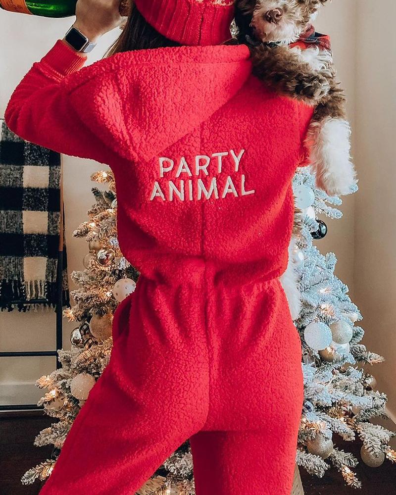 

Letter Print Pocket Design Hooded Lounge Jumpsuit, Red