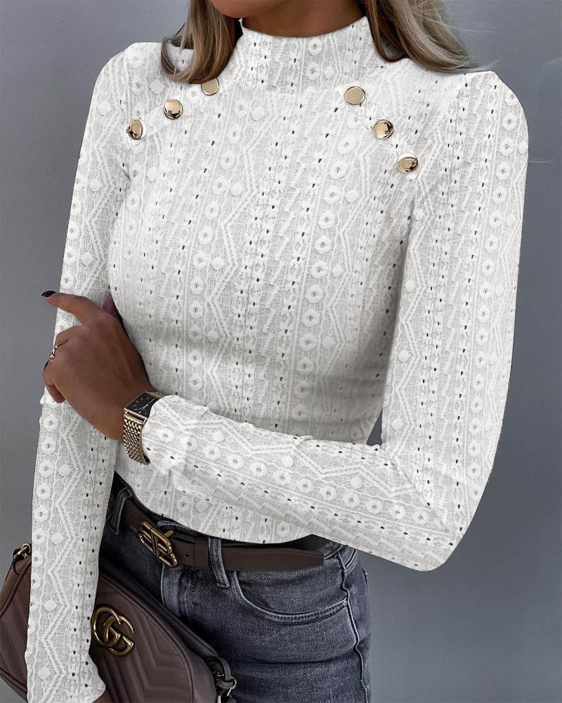 

Eyelet Embroidery Button Decor Lace Top, White