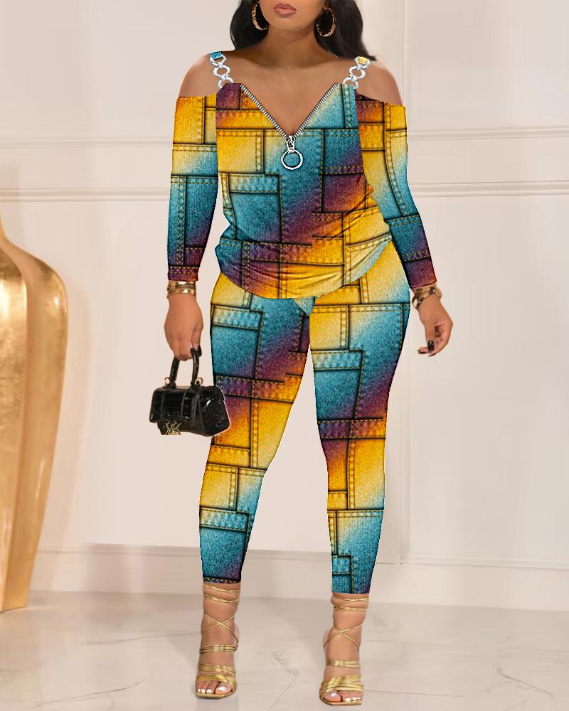 

Plus Size Denim Look Print Rainbow Ombre Cold Shoulder Top & Pants Set, Multicolor