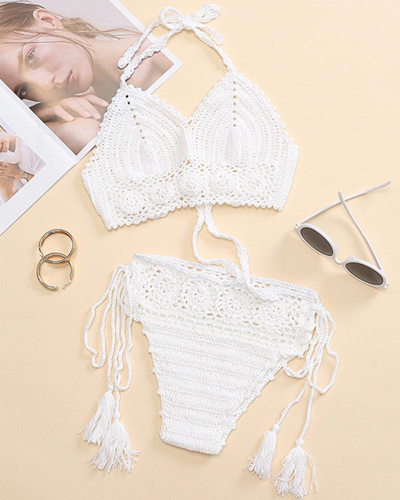 

Hollow Out Halter Tied Detail Crochet Bikini Set, White