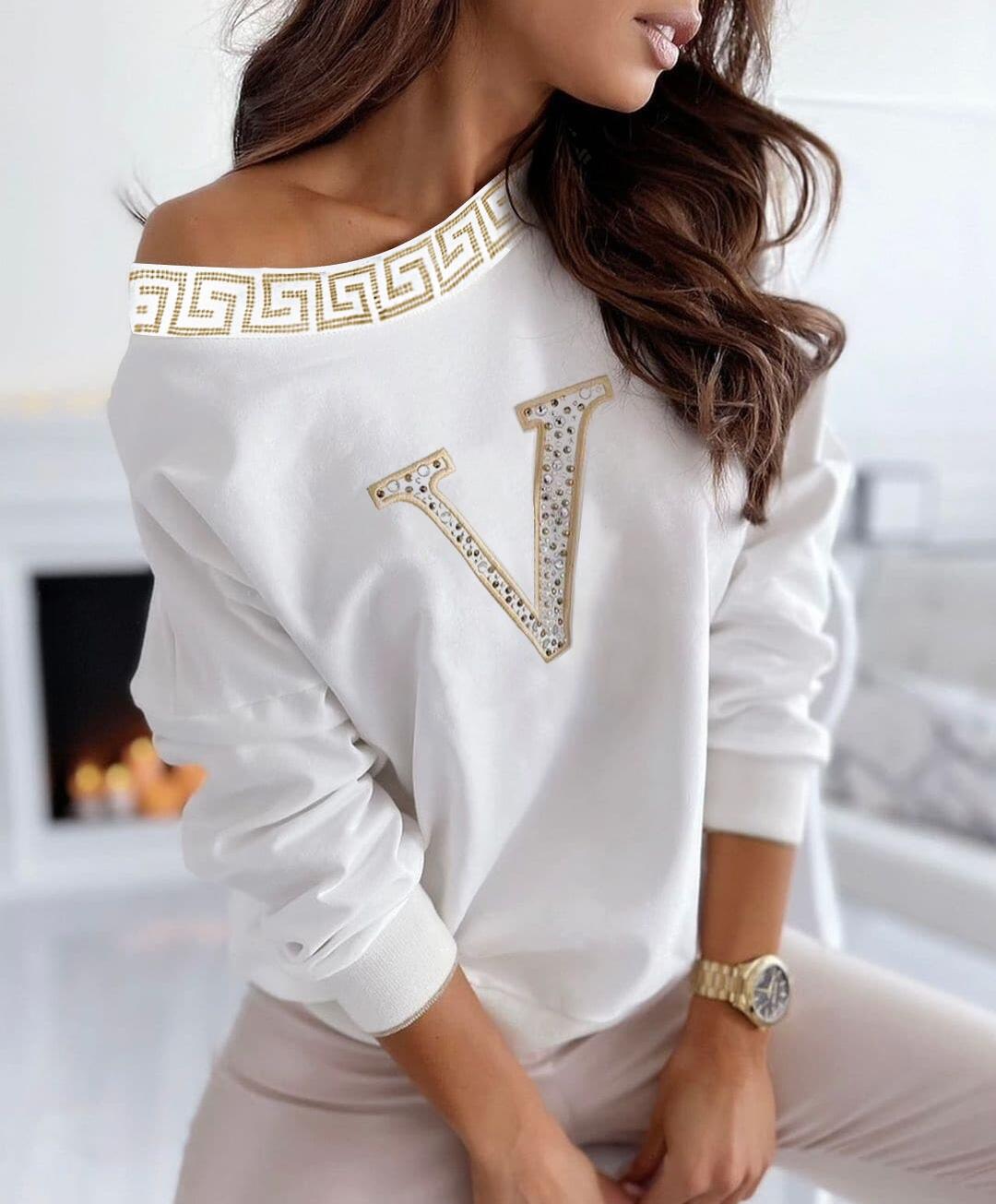 

Rhinestone Letter Long Sleeve Casual Top, White