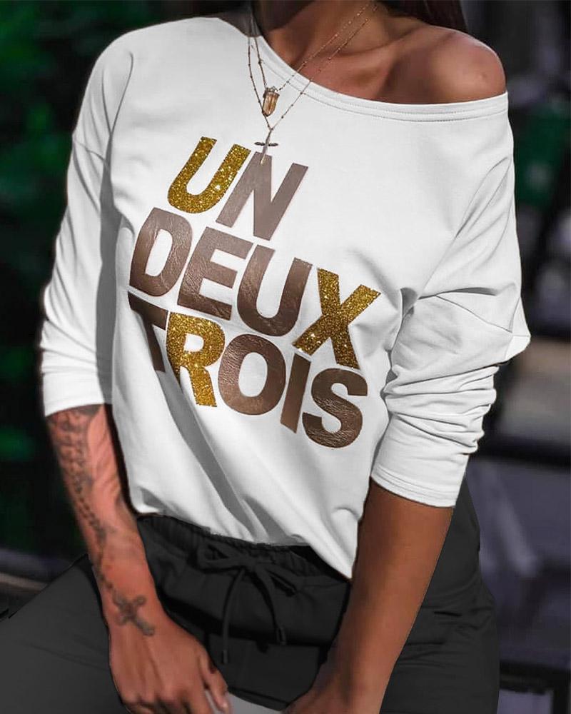 

Metallic Letter Long Sleeve Top, White