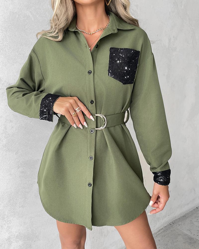 

Sequins Button Design Long Sleeve Women Shirt Dress, Green