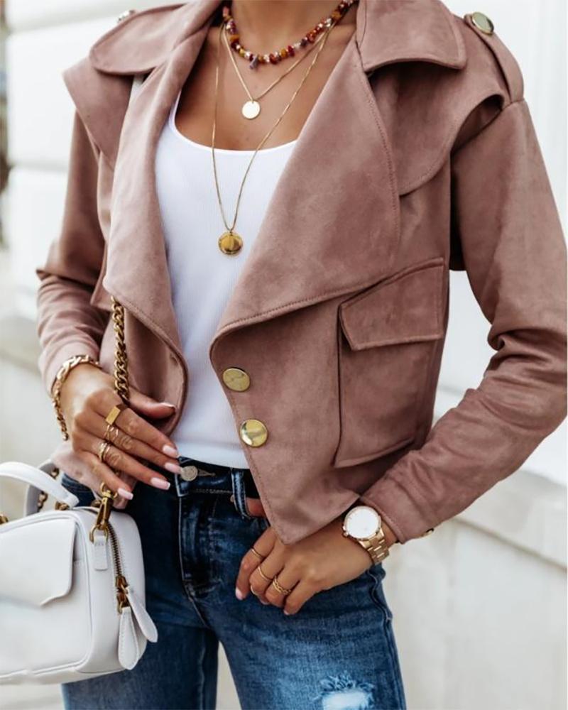 

Button Pocket Design Long Sleeve Suede Coat, Pink