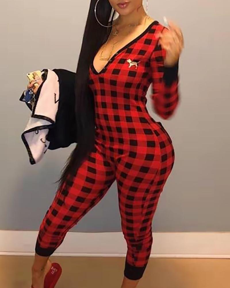 

Plaid Print Deep V-Neck Cropped Jumpsuits, Red