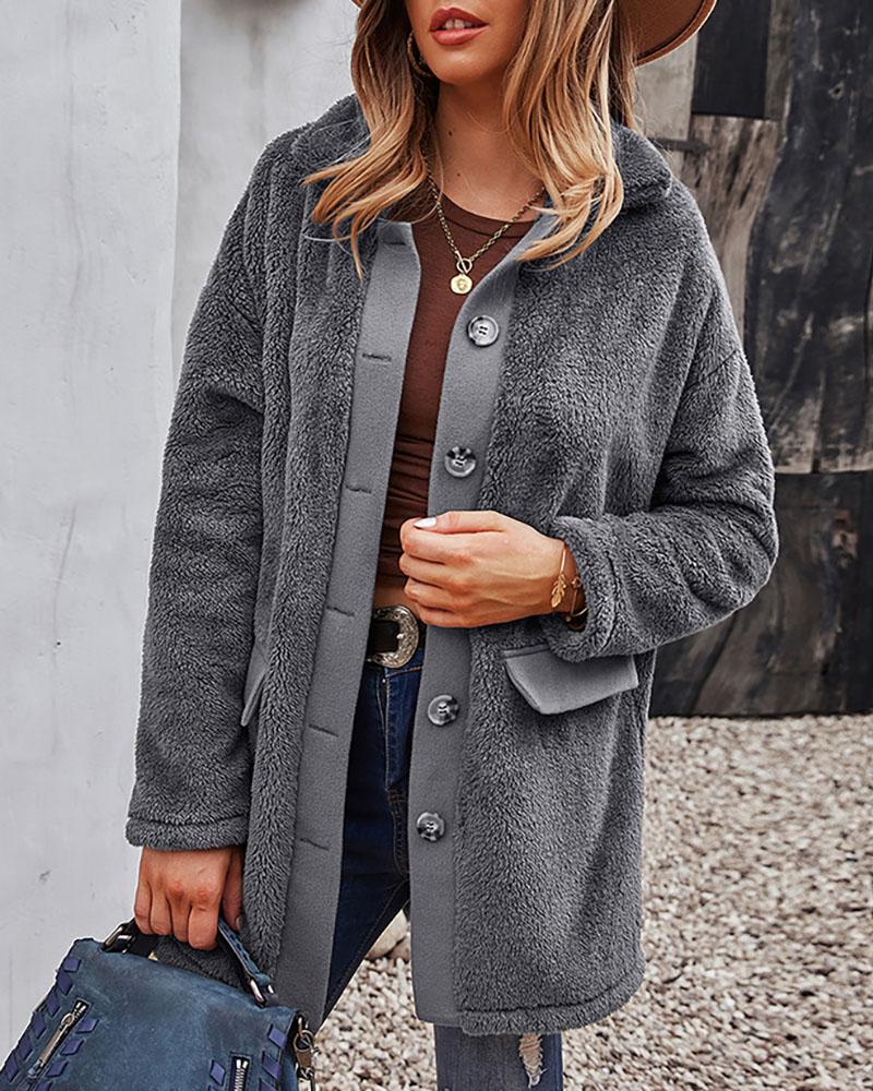 

Pocket Button Design Long Sleeve Teddy Coat, Gray