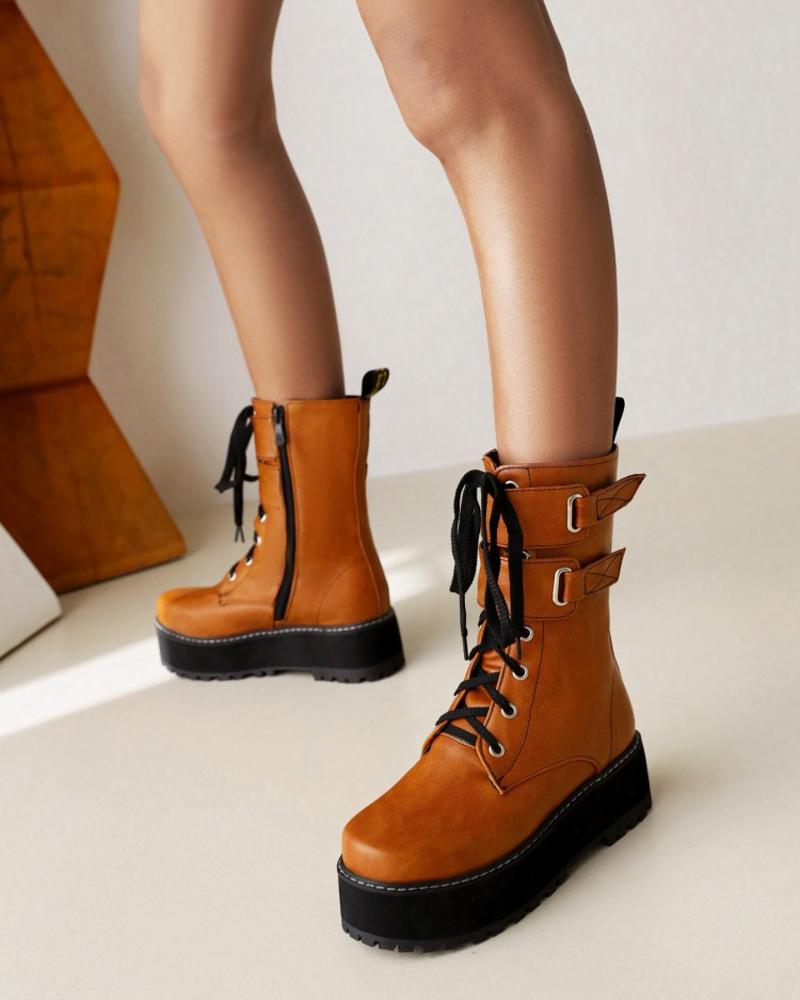 

Womens Round Toe Lace-up Platform Motorcycle Boots, Yellow