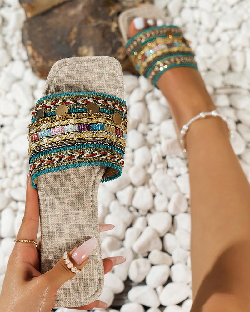 

Bohemian Tribal Wide Strap Beach Slippers, Green