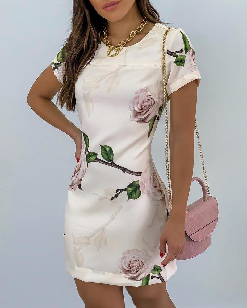 

Random Floral Print Short Sleeve Dress, Beige