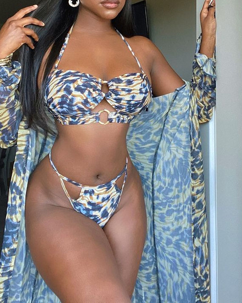 

3PCS Abstract Print O-Ring Bikini Set With Cover Up, Gray
