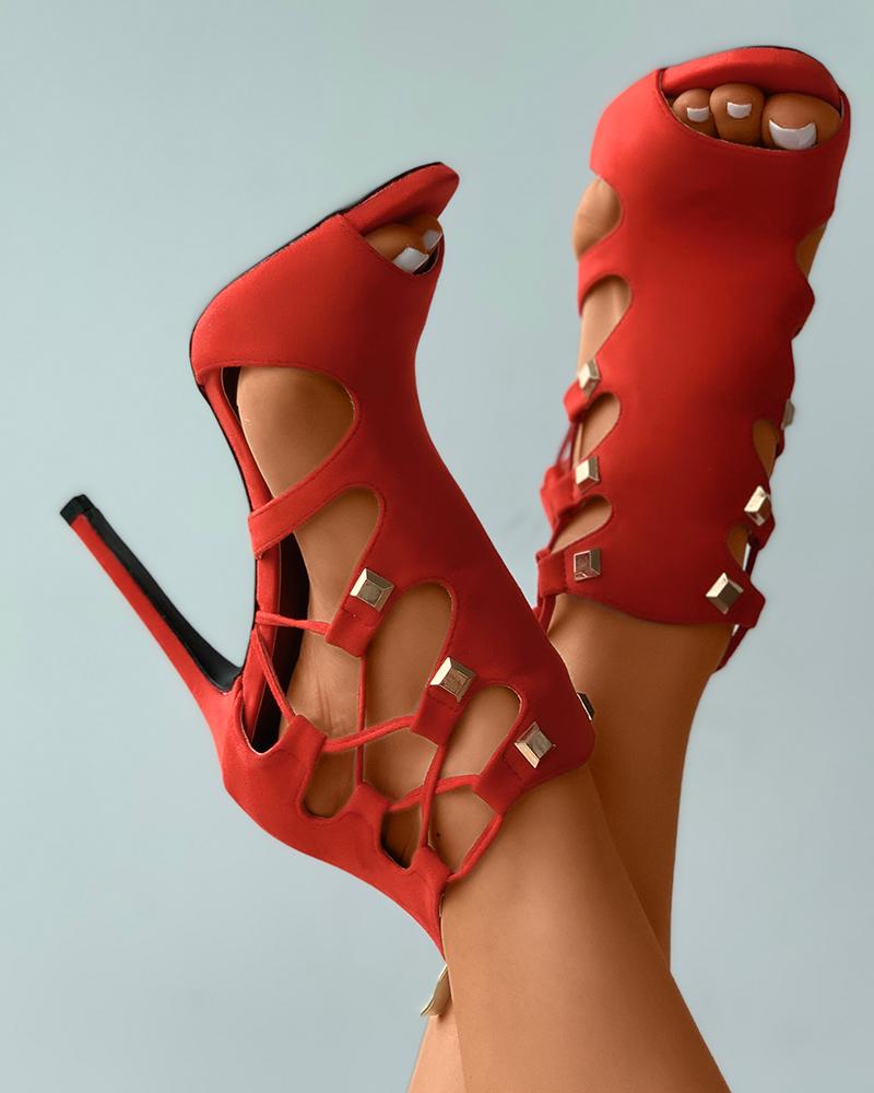 

Lace-up Suede Rivet Decor Cutout Stiletto Heels, Red