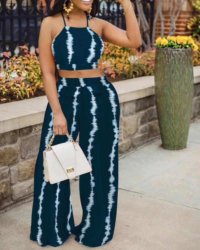 

Tie Dye Print Crop Top & Wide Leg Pants Set, Purplish blue