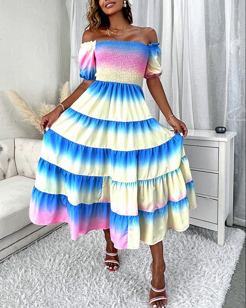 

Ombre Frill Hem Off Shoulder Shirred Maxi Dress, Multicolor