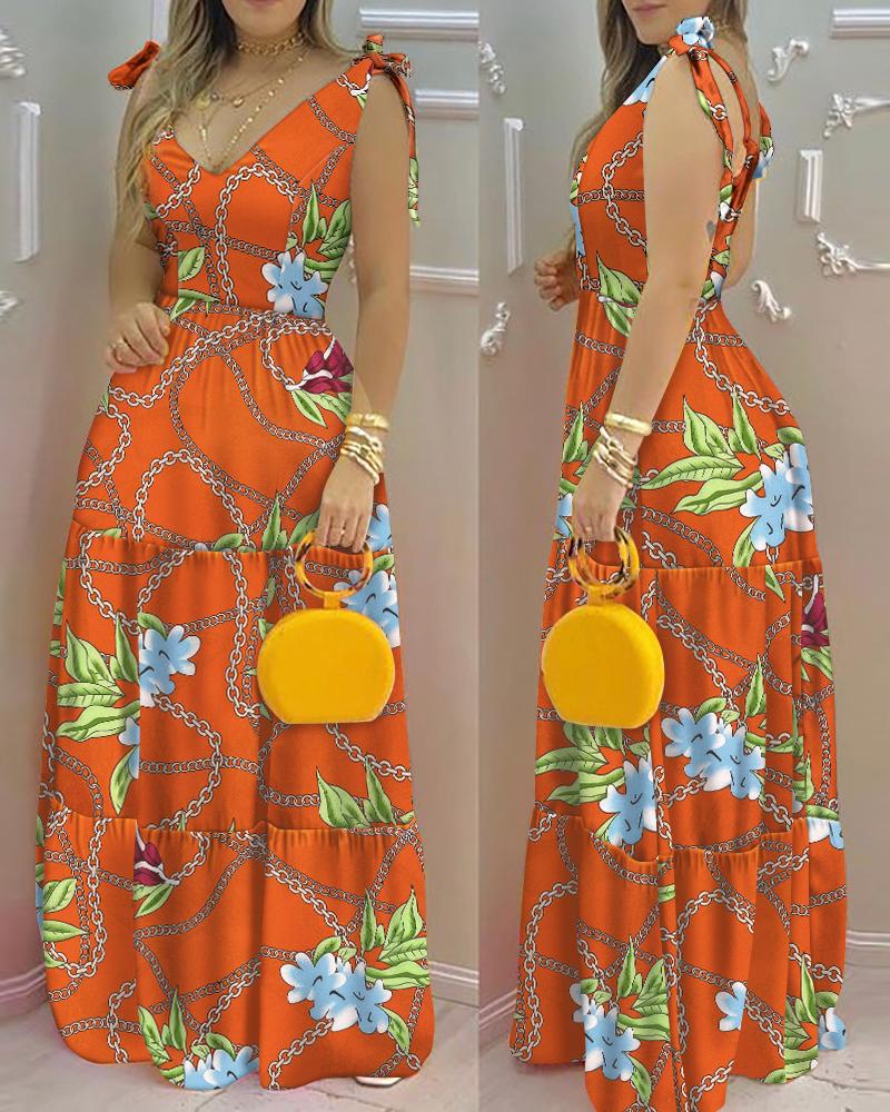 

Chain Print Knot Shoulder V-Neck Maxi Dress, Orange