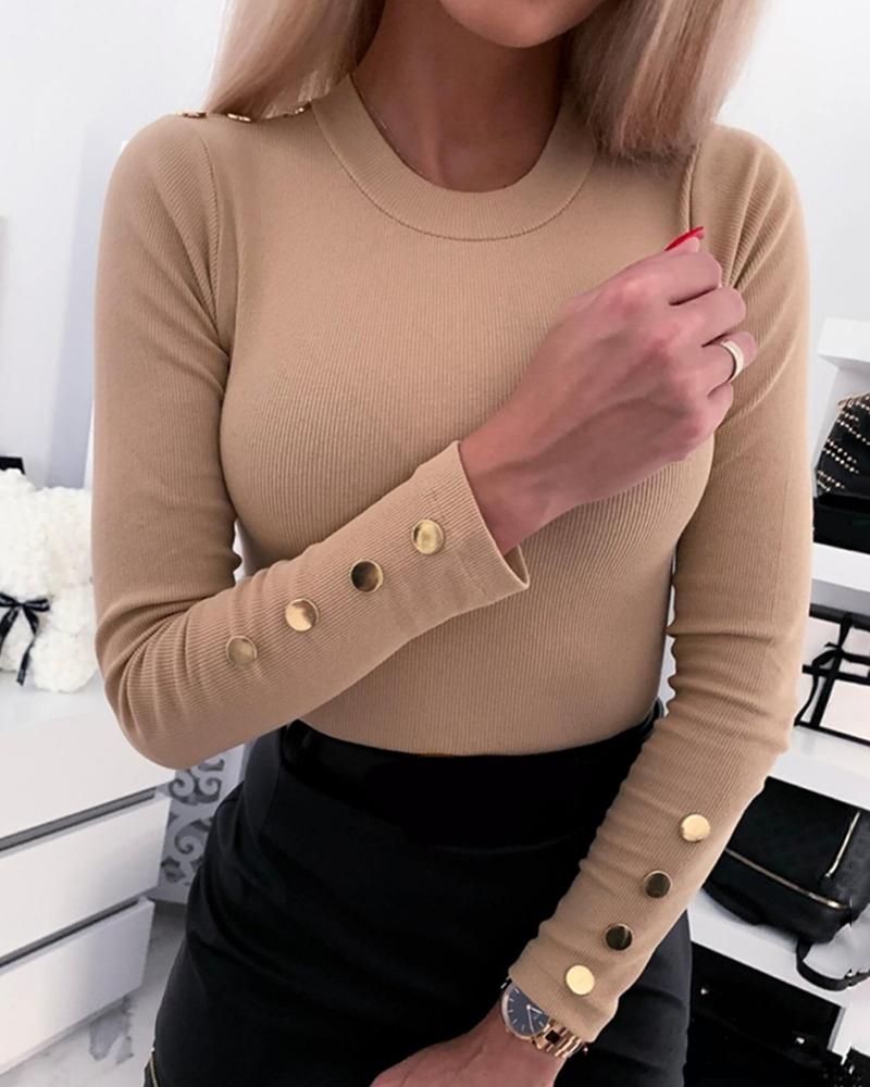 

Button Decor Long Sleeve Skinny Top, Khaki